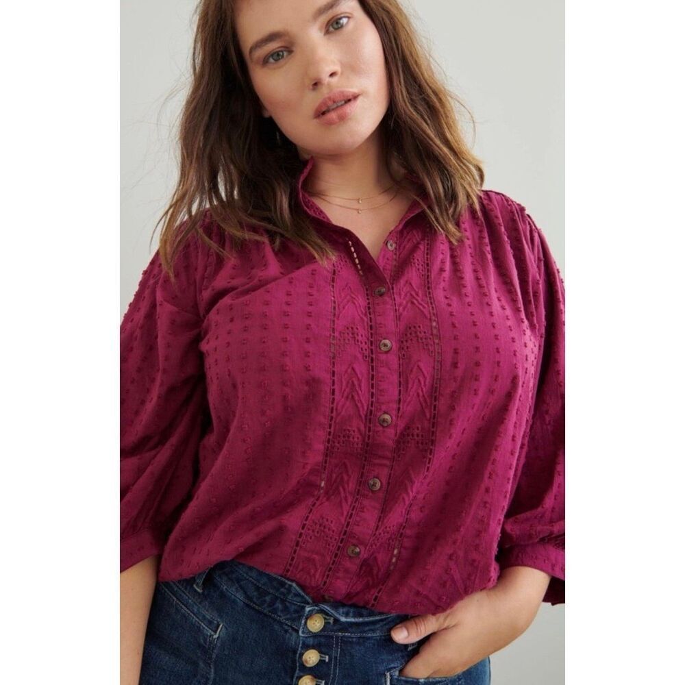 Anthropologie Pilcro Tavi Top Blouse Button Down Embroidered Boho Raspberry Pink